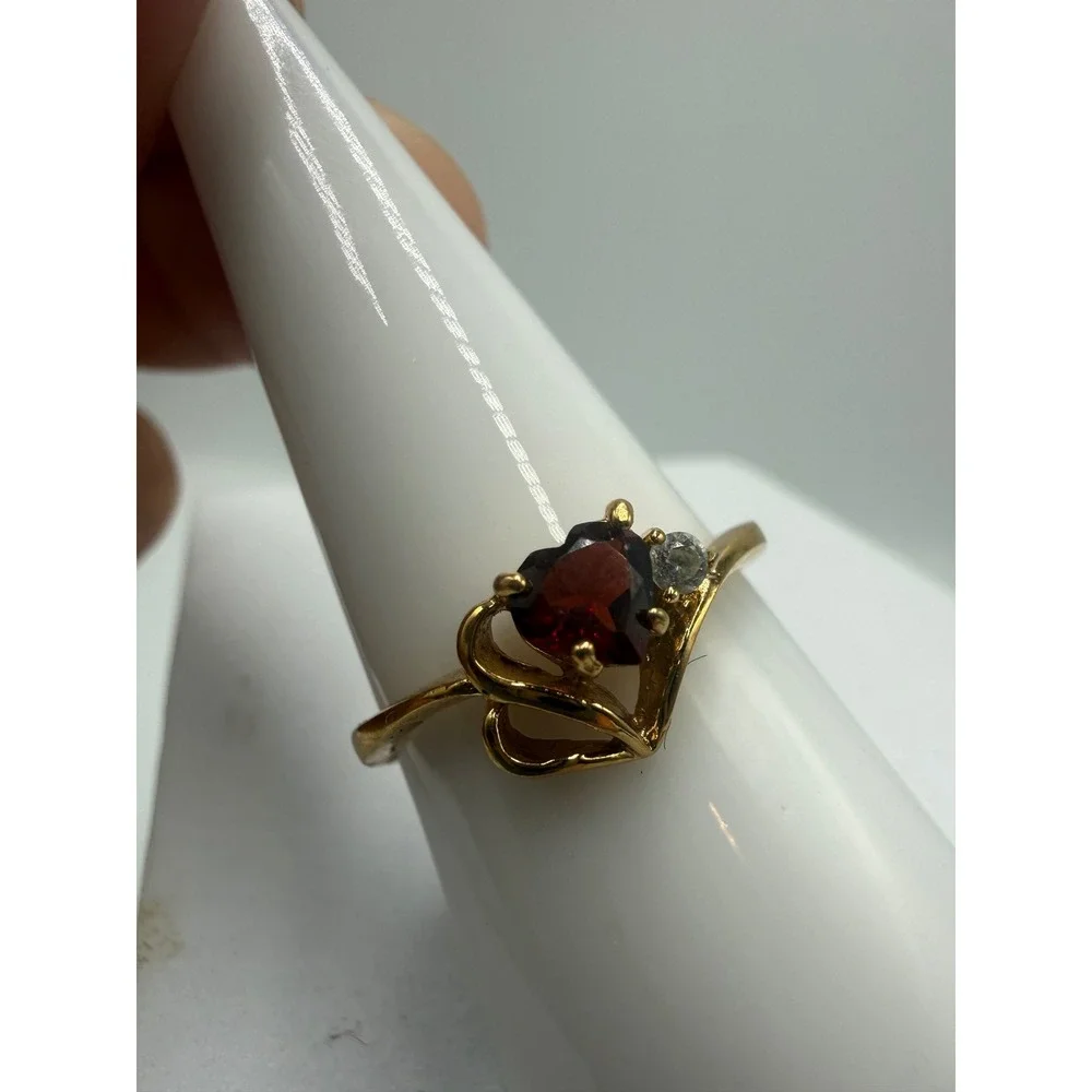 Vintage Gold Tone Heart Faux Garnet Bypass Ring Korea Size 7.5